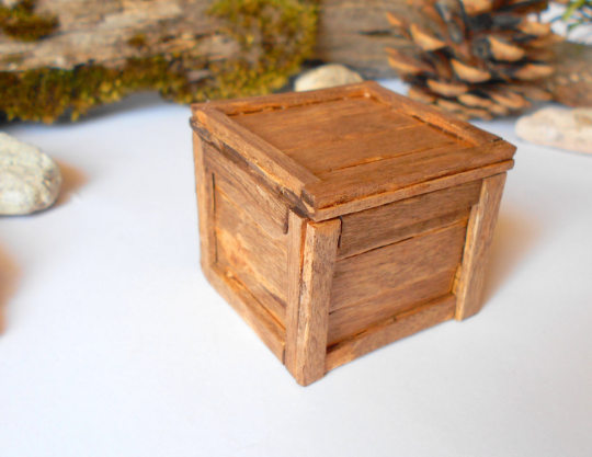 Miniature transporting box coffer- chest box made of bamboo sticks- box with a cap for dollhouse- Scale 1/12 doll accesories- mini box crate