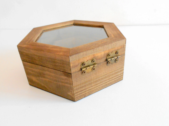 Tea box with glass display wooden hexagon jewelry box pine wood