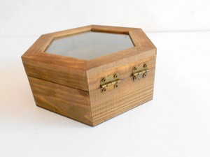 Tea box with glass display- wooden hexagon jewelry box- pine wood keepsake-  7 compartments keepsake- herbs storage box