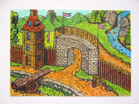ACEO Original art illustration- ink and color pencil drawing "Tangech Main Gate"- Fantasy series- 2.5"x3.5"- signed by author Hristo Hvoynev