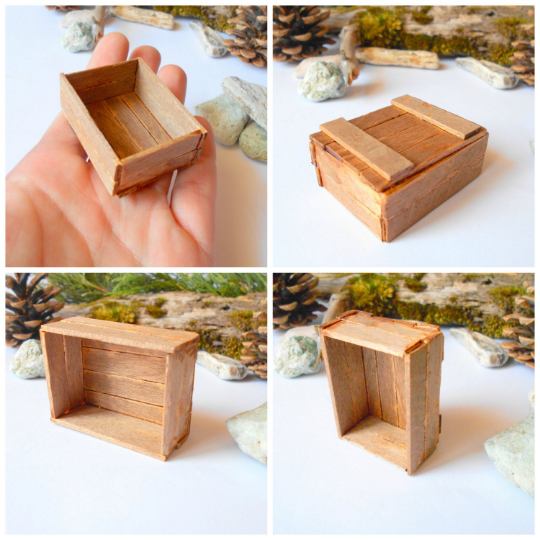 Miniature wooden crate- brown chest box -Dollhouse accesories- 1/12 scale mini wooden vintage crate- dollhouse basket box- miniature box