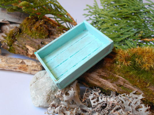 Mini Wooden crate- Miniature garden decor turquoise crate-Dollhouse accessories- 1/12 scale mini wooden vintage crate- miniature garden box