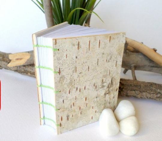 Birch bark coptic journal, handmade with forest material notebook- blank pages 100% recycled- customize with your size and colors
