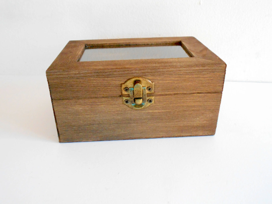 Display box from pinewood- rectangular box with glass lid opening- box with bronze/brass colored hindges- pine wood box- wooden craft box for decoupage- 4.8&#39;&#39; x 2.8&#39;&#39;