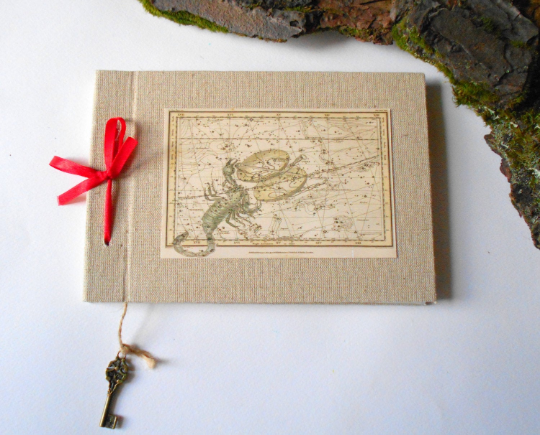 Scorpio Zodiac handmade travel journal -Refillable fabric sketchbook- 100% recycled pages- hardcover book, personilized journal with a ribbon