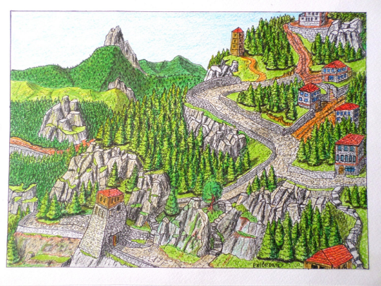 Original drawing landscape fantasy art- ink and pencil drawing "The North Walk-in of Sigith"- Fantasy world series- signed by author Hristo Hvoynev