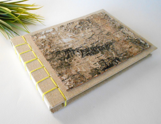 Birch bark sketchbook with hardcovers and japanese stab binding- eco-friendly burlap fabric journal with 100% recycled pages