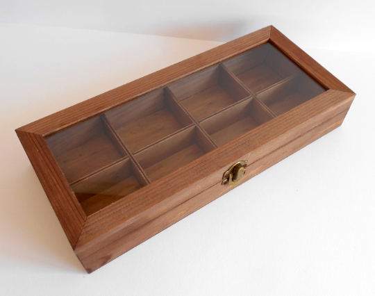 Wooden display box with glass lid useful for crystals and small objects- jewelry box- Mahagony-color pinewood- 8 compartments box- herbs box