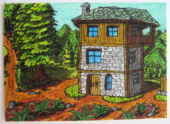 Products Mountain cottage hut in the forest- signed fine art print "Mountain hut"- Folklore series- signed by author Hristo Hvoynev