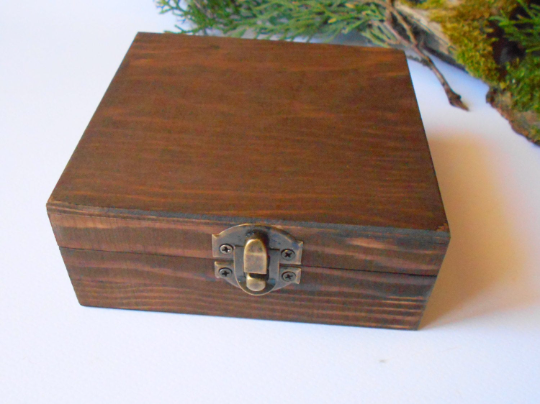 Dark Brown Wooden box- medium large square box- Mahagony-colored wooden box with bronze colored hinges- pine wood box- wooden storage