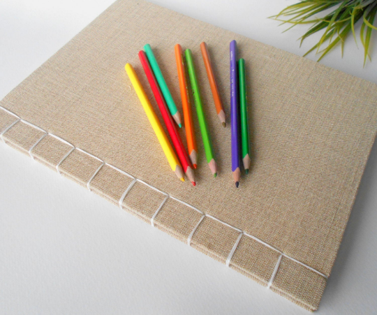 Handmade travel sketchbook journal with linen fabric hard covers- 100% recycled pages- Hemp cord binding- eco-friendly fabric wedding book- diaryblank journal