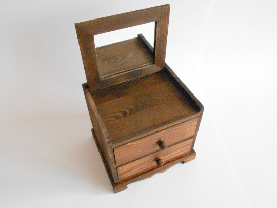 Jewelry box with 2 drawers and a mirror- Wooden Box- Apothecary Cabinet- Desktop Organizer - Trinket/Makeup Storage- small chest of drawers