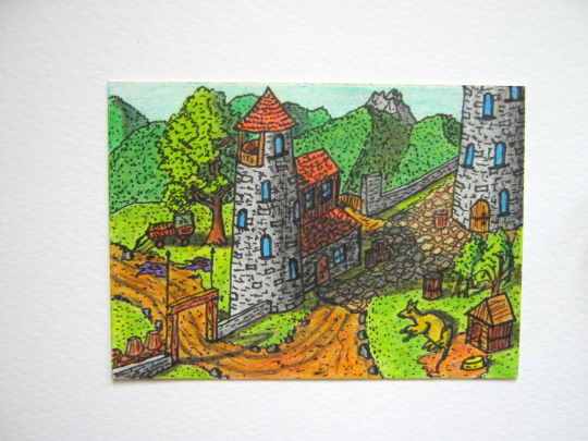 Fantasy art print of a cottage tower and landscape illustration- fantasy world series for collectors- &quot;Magichaal Maahkri&#39;s house&quot;- signed by author Hristo Hvoynev
