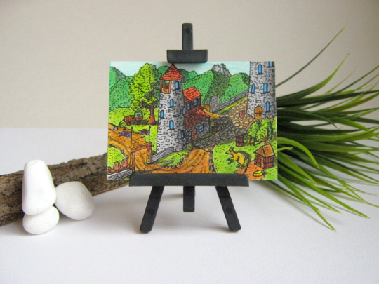 Fantasy art print of a cottage tower and landscape illustration- fantasy world series for collectors- &quot;Magichaal Maahkri&#39;s house&quot;- signed by author Hristo Hvoynev