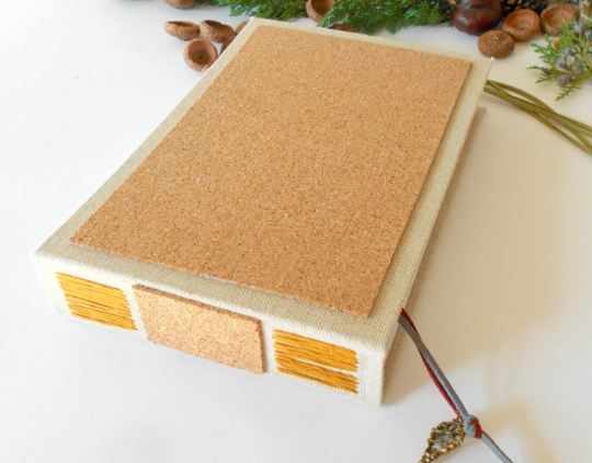 Handmade travel cork sketchbook with custom thread biding color- Eco friendly map sketchbook with 100% recycled pages- Burlap fabric travel blank book