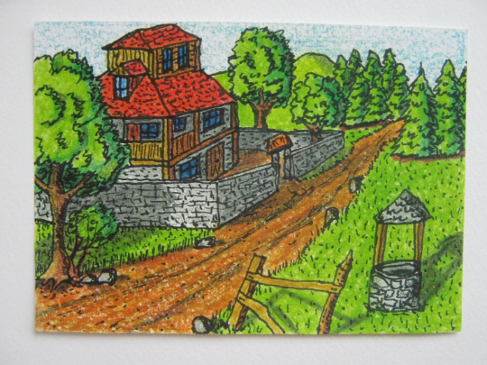 Fantasy illustration art print from original drawing &quot;Wanderer&#39;s House Inn&quot;- Aceo art print of a cottage house- signed by author Hristo Hvoynev