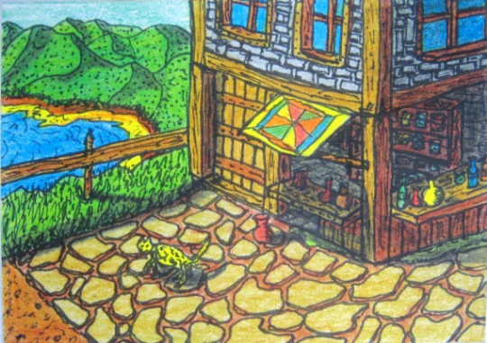 Fantasy Art print of magic potions spell shop "Kvaldaruul Hight's magic potions"- fantasy art print of magical city potion master-cottage art- signed by author Hristo Hvoynev