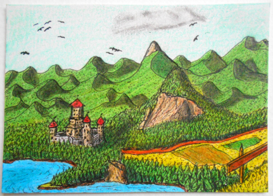 Fantasy art landscape print , ink and pencil drawing print of a castle and mountain- 'Balkatraz Castle'- signed by author Hristo Hvoynev