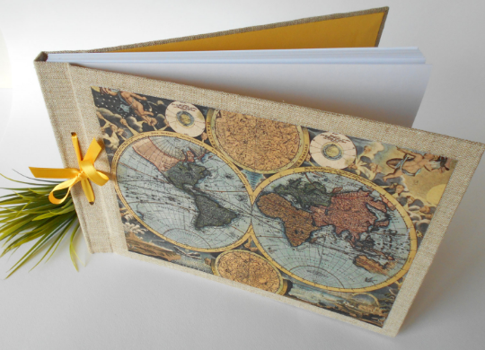 Map journal sketchbook with 100% recycled pages- refillable fabric sketchbook- custom map journal- satin ribbon binding- rustic blank book