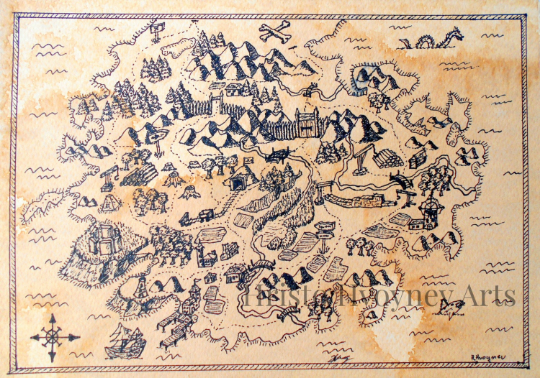 Pirate Map Art Print, Ancient Map, Pirate map- Fantasy Realm - ink map print from original art made on coffee hand-dyed card stock 110 lbs.