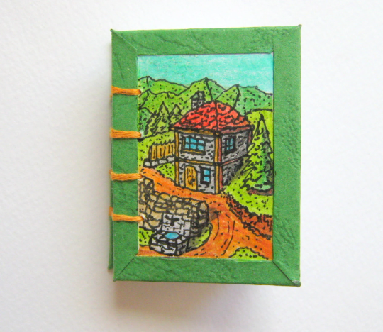 Miniature handmade and hand-drawn journal- green mini art journal with mountain nature views and a cottage house