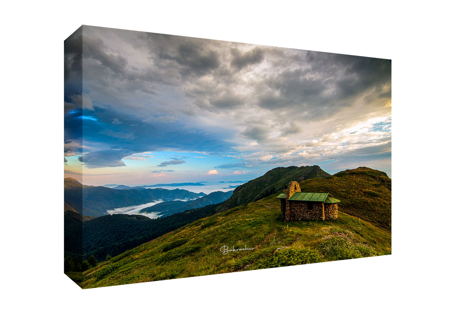 Mountain Nature Photography canvas print- Sunrise from the ridge of Stara Planina Mountain- Holy Trinity Chapel next to Echo hut- Bulgarian landscape