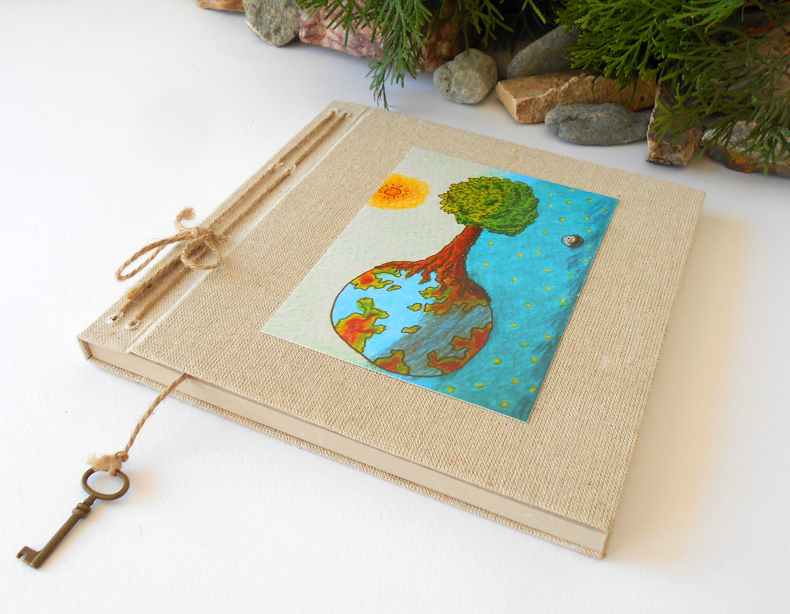 Handmade fabric sketchbook journal with an art print 'Day and Night'- Refillable sketchbook with a pocket on the inside cover- inspirational eco-friendly gift