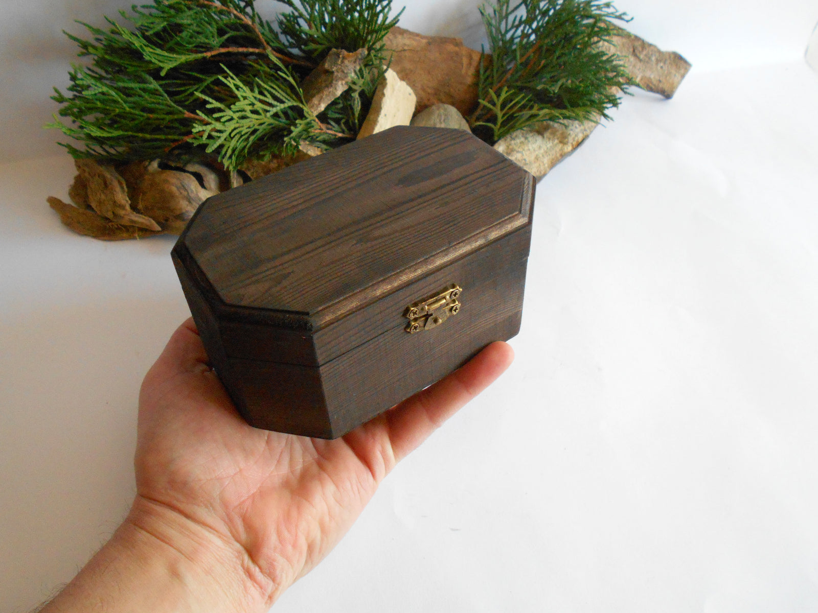 Wooden keepsake box- large eight side box- wooden box with bronze-color hinges- bamboo wood box- 4.9'' x 2.8'' x 2''- Dark Brown