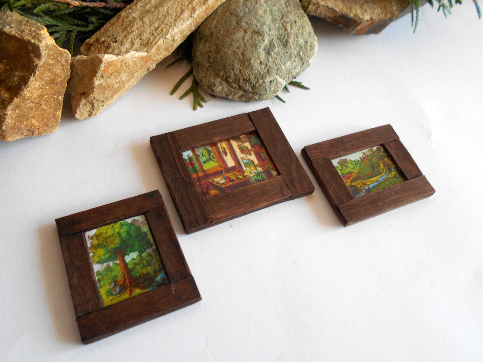 Miniature Framed Art collection of 3 wooden framed paintings- Landscape- Oak tree- Cottage inn- Limited edition of 30 sets