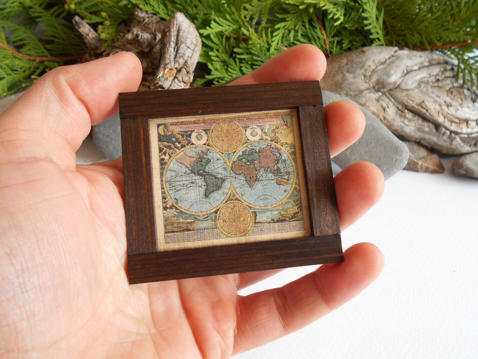 Miniature world map framed with real pinewood- mini map artwork for dollhouse or for miniature collectors- handmade miniature dollhouse furniture wall decor accessory