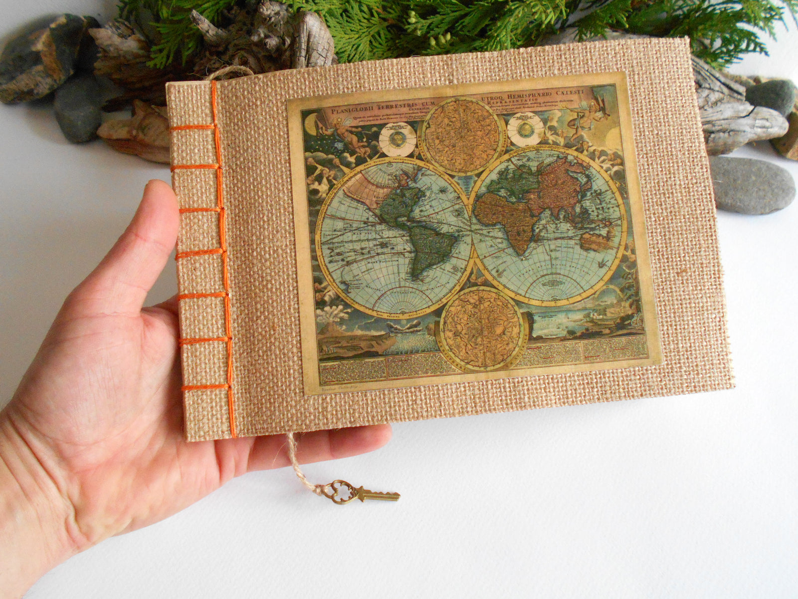Map sketchbook with Hemp stab binding and 100% recycled pages- eco-friendly fabric journal with old world map- personalised journal with a bookmark
