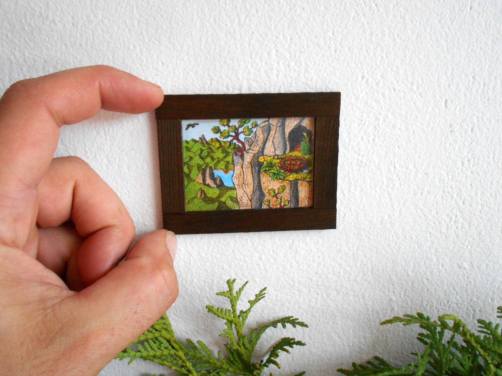 Miniature art framed with real pinewood- mini 'painting' artwork of a mountain cottage hut for dollhouse or for miniature collectors- handmade miniature dollhouse accessory