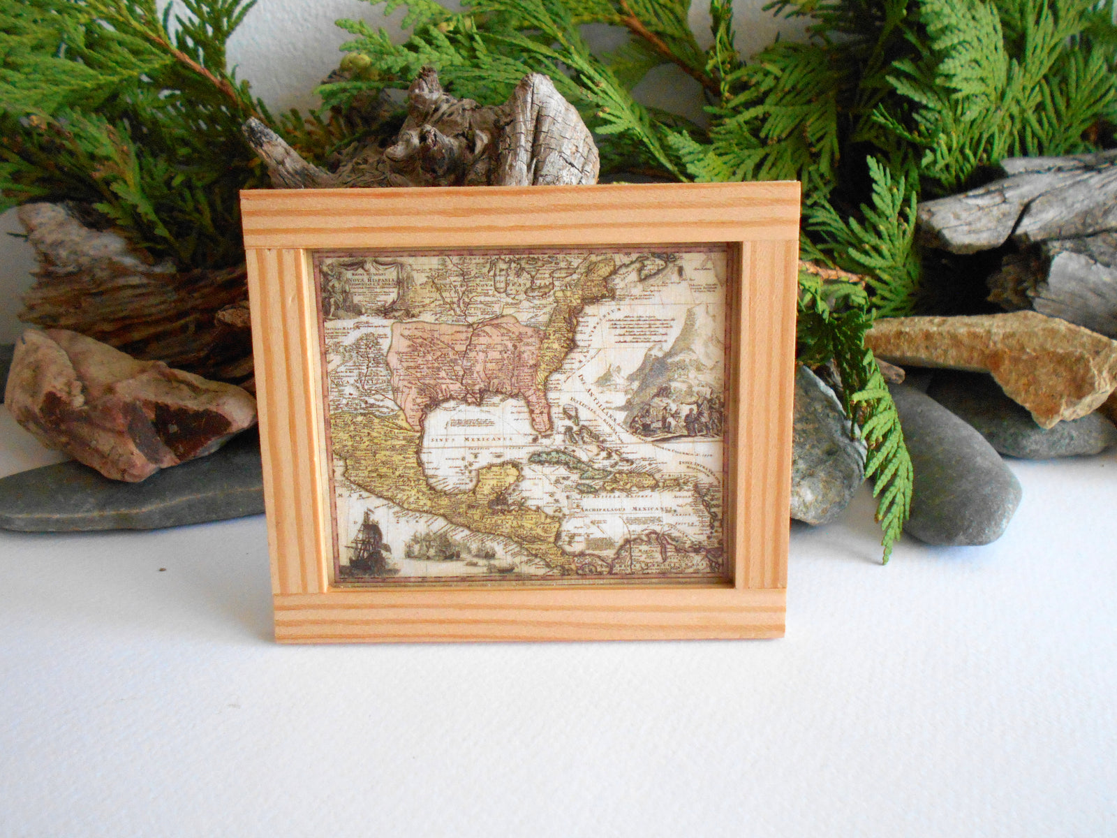 Miniature North America map framed with real pinewood- mini map artwork for dollhouse or for miniature collectors- handmade miniature dollhouse wall decor accessory