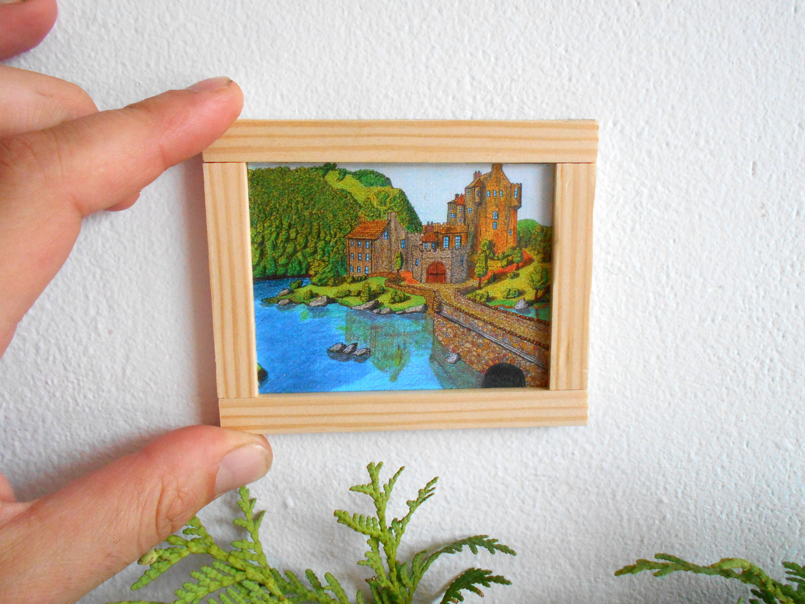 Miniature art framed with real pinewood- mini 'painting' artwork of Eilean Donan Castle for dollhouse or for miniature collectors- handmade miniature dollhouse accessory