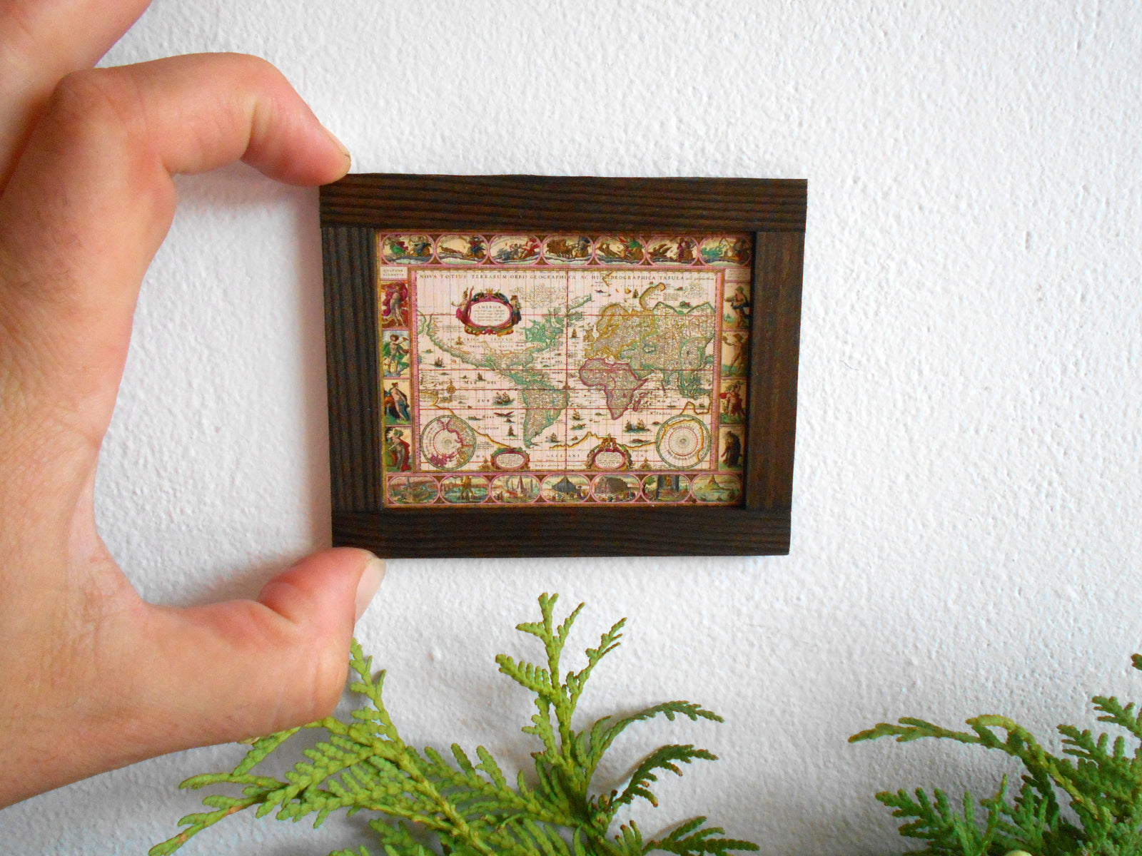 Miniature world map framed with real pinewood- mini map artwork for dollhouse or for miniature collectors- 1/12th scale handmade miniature dollhouse furniture wall decor accessory