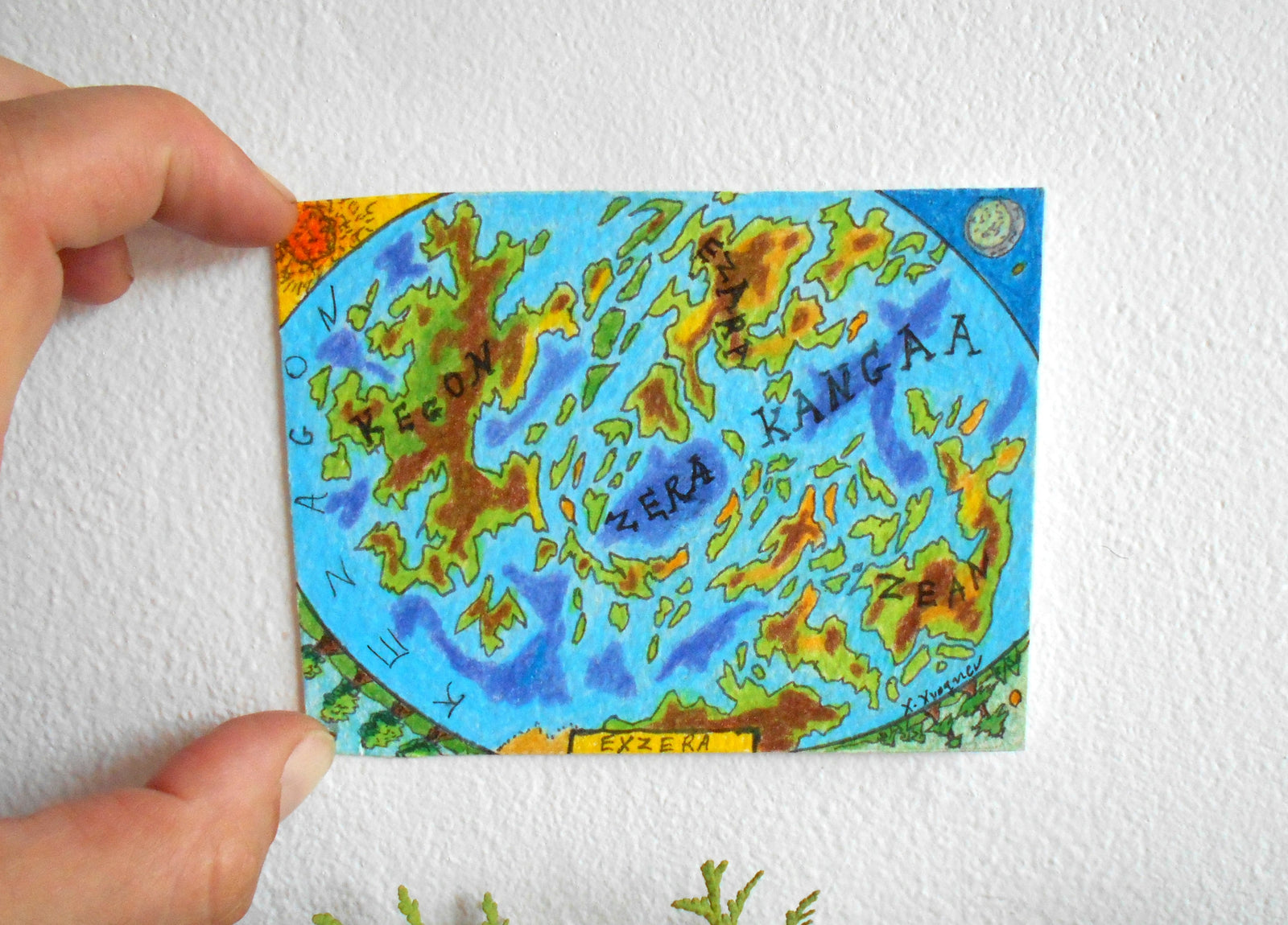 Fantasy map art print 'Planet Exzera'- ink and pencil fantasy planet geography map- signed by Hristo Hvoynev- The Realm of Exdourn series