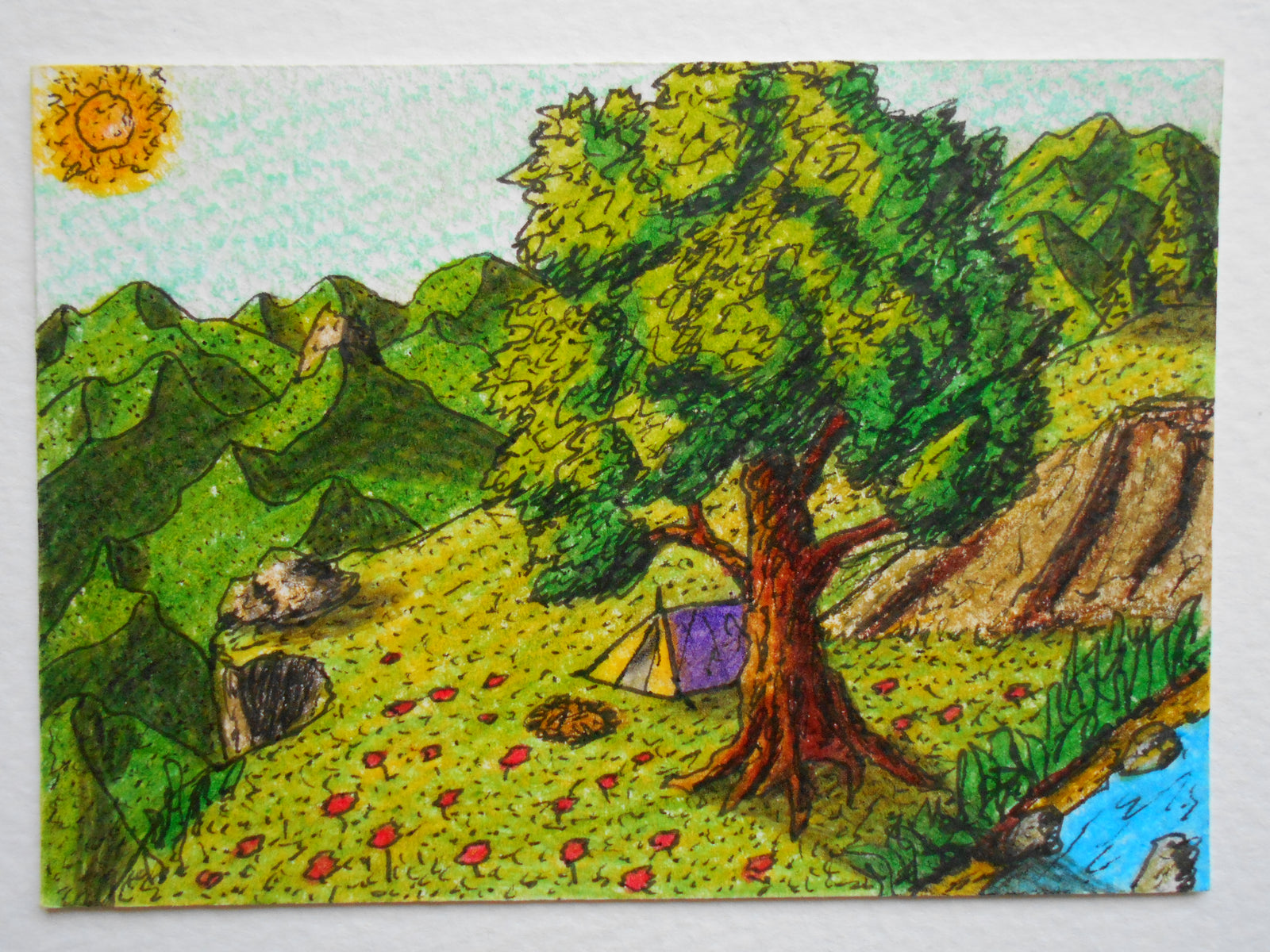 Camping art print, ink and pencil drawing print, landscape art print- 'Adventure' camping forest art- signed by author Hristo Hvoynev