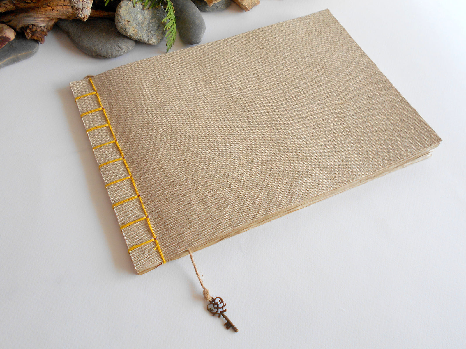 Sketchbook journal with linen fabric and hemp binding- with coffee-colored pages and soft covers- personalised handmade planner- 100% recycled pages