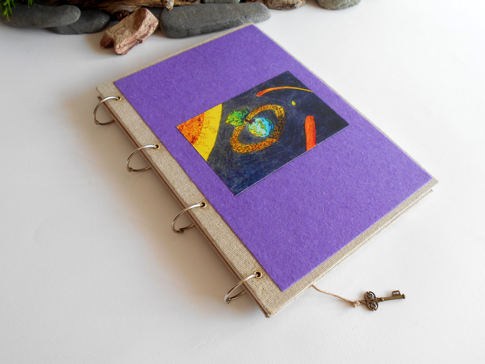 Refillable purple handmade travel journal with a pocket inside the cover- 100% recycled pages- custom refillable ring journal- eco-friendly art travel journal