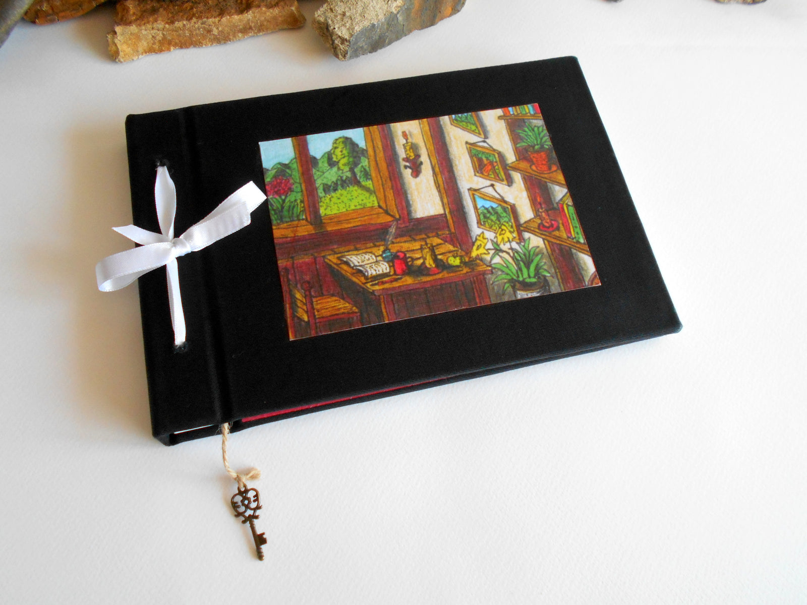 Handmade black fabric sketchbook journal with an art print- hardcovers- personalized ecofriendly blank sketchbook- 100% recycled sheets