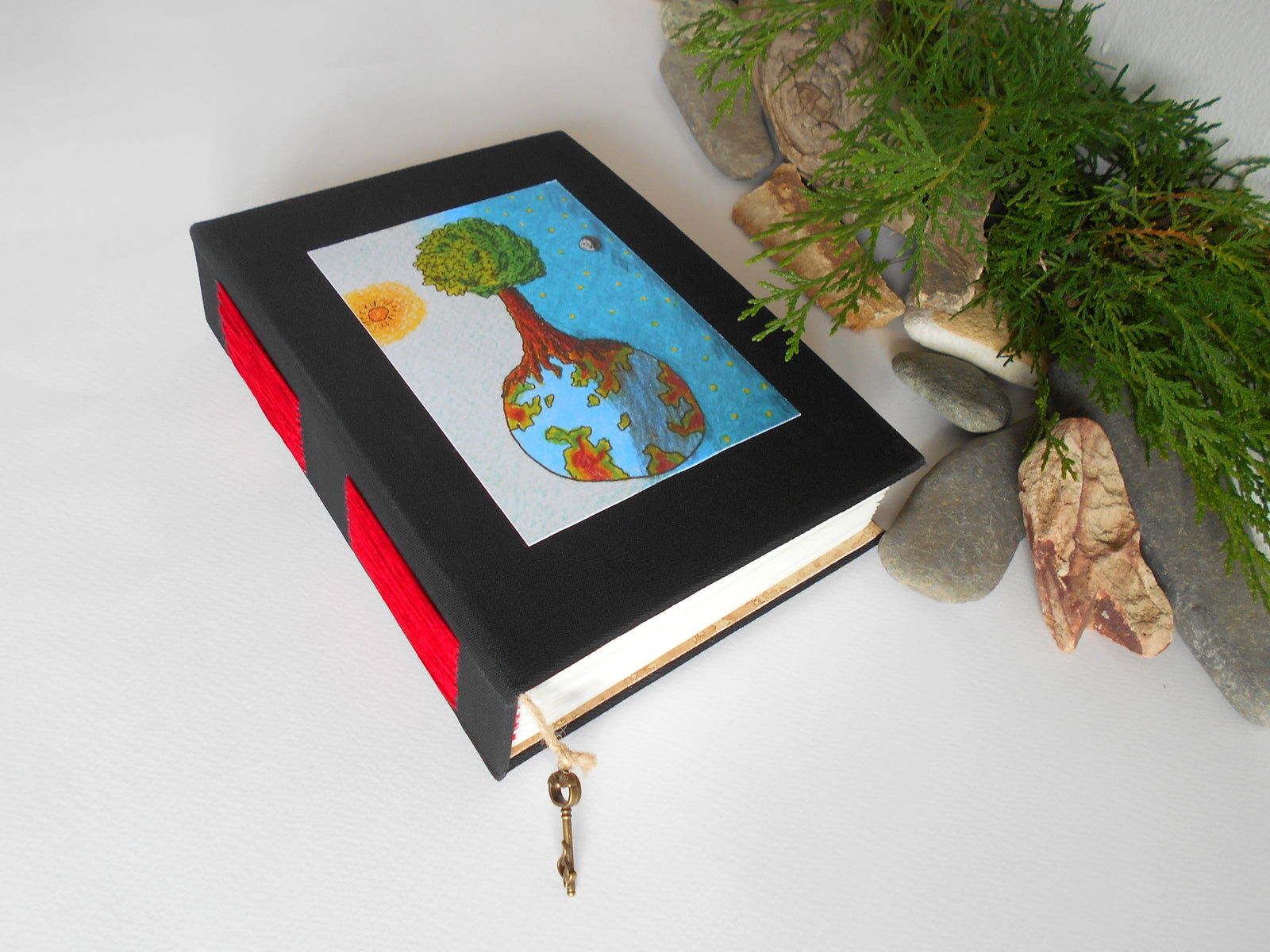 Handmade black fabric journal with 100% recycled pages and a fine art print 'Day and Night'- customised sketchbook journal- inspirational blank book with eco-friendly linen fabric