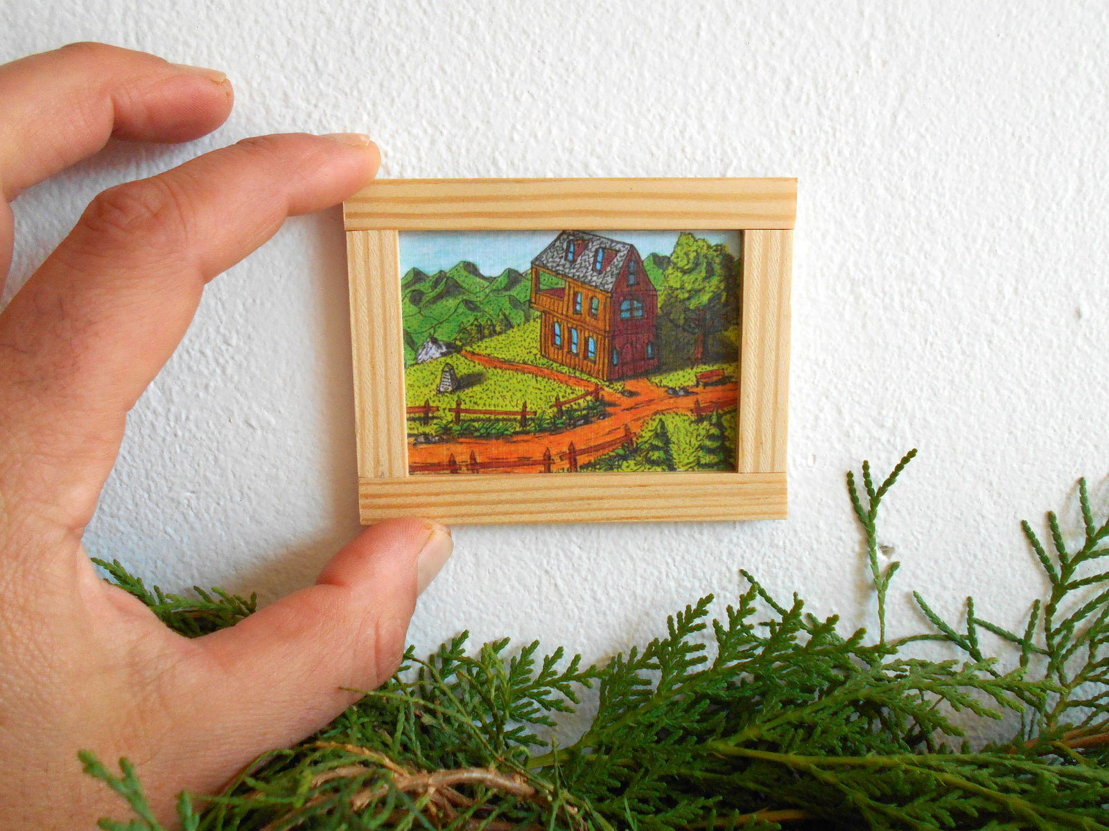 Miniature art framed with real pinewood- mini 'painting' artwork for dollhouse or for miniature collectors- handmade miniature dollhouse accessory