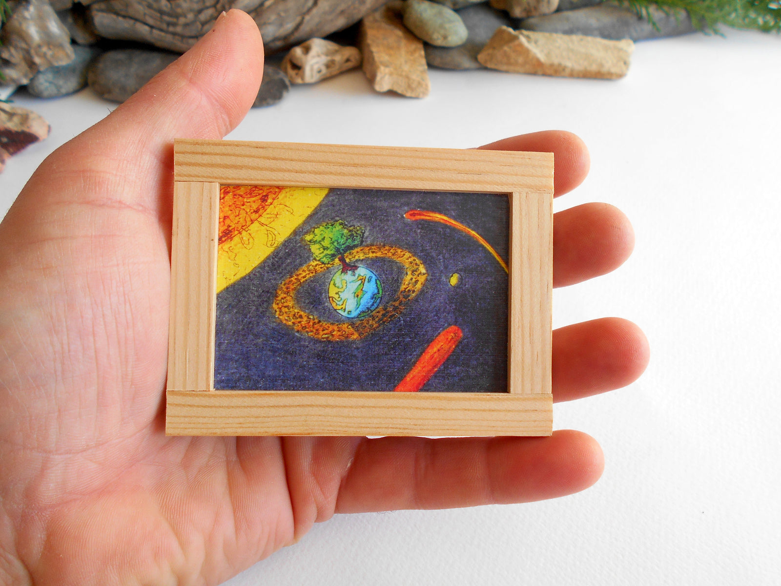 Mini painting artwork for dollhouse or for miniature collectors- Miniature art framed with real pinewood- handmade miniature dollhouse accessory