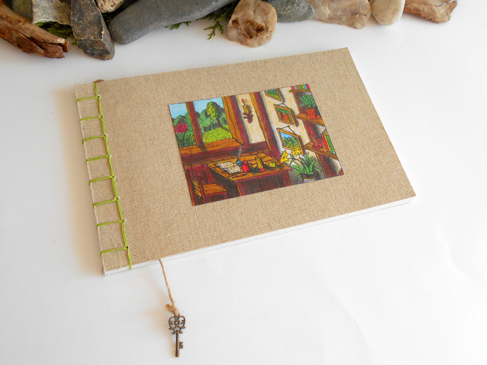 Art sketchbook with fabric soft covers- Hemp stab binding- 100% recycled pages- eco-friendly fabric journal with cottage art- personalised journal with a bookmark