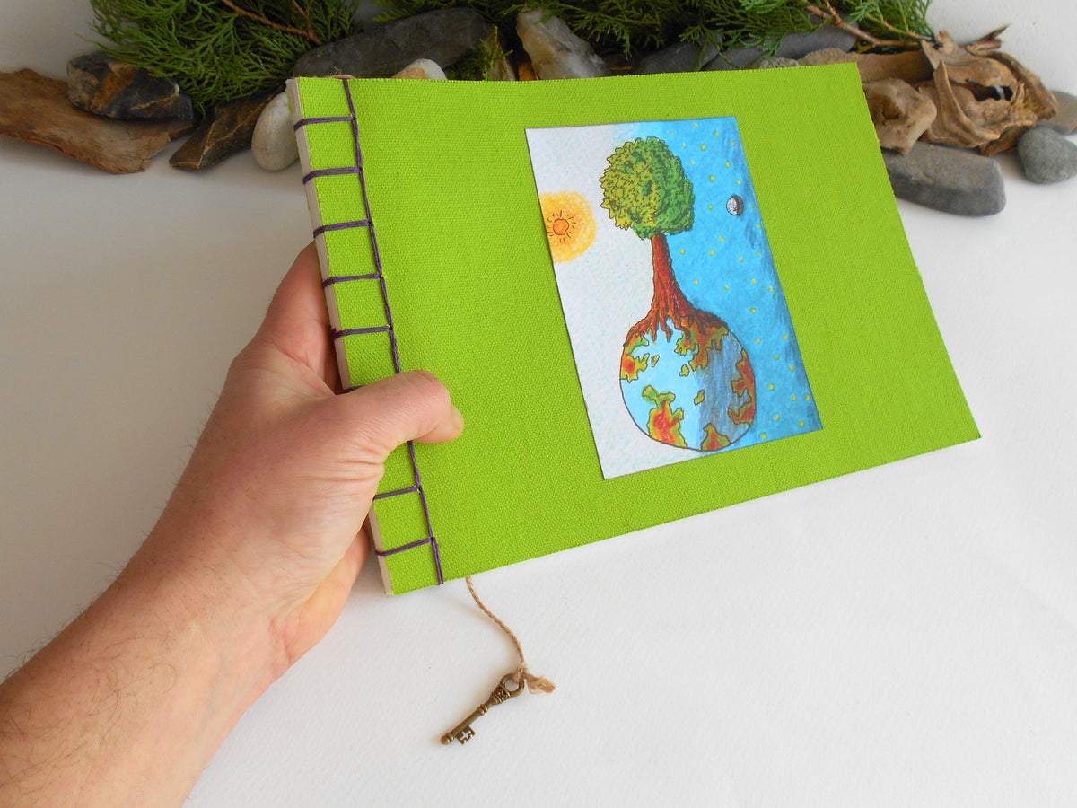 Art sketchbook with green fabric soft covers- Hemp stab binding