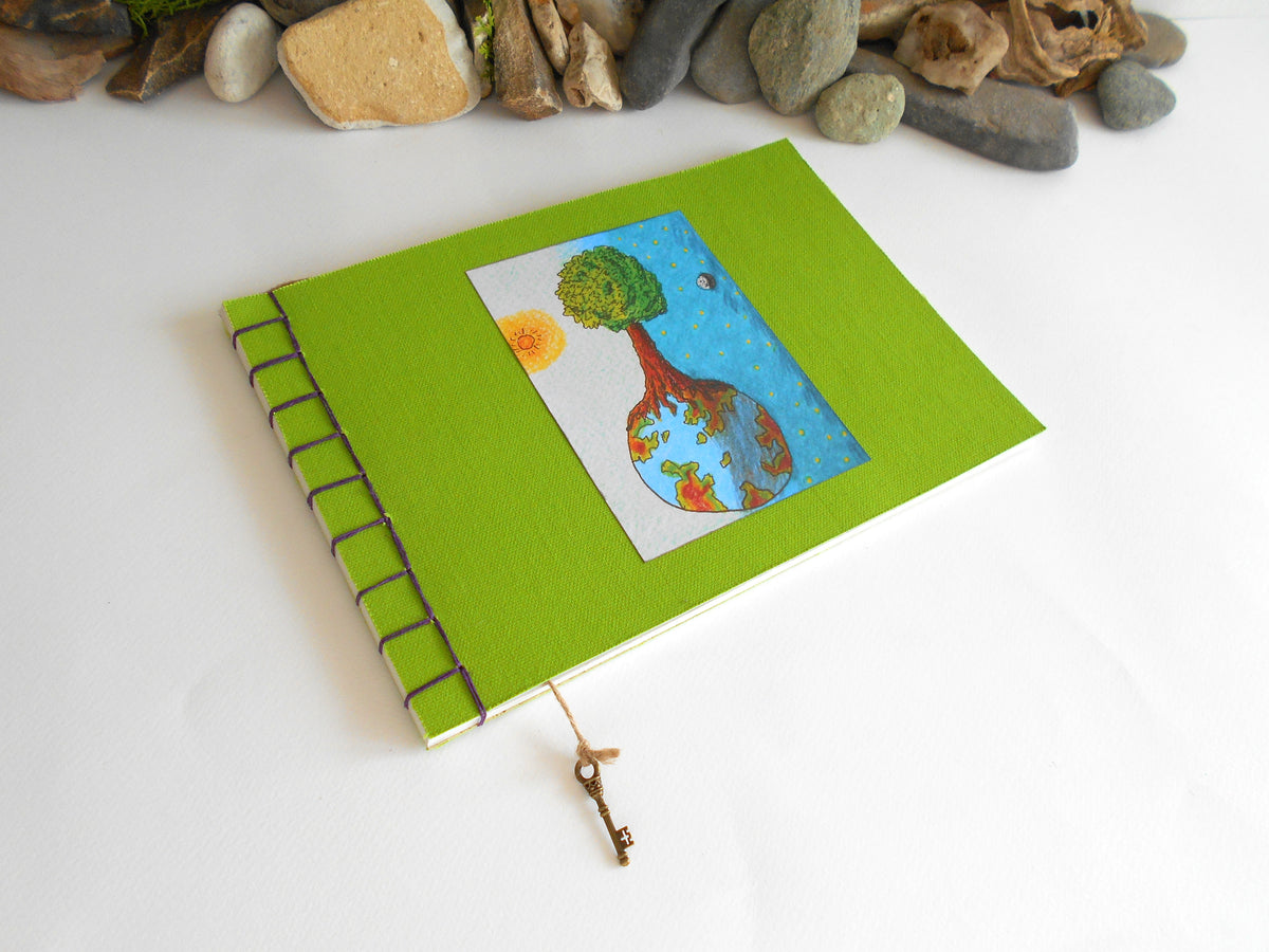 Art sketchbook with green fabric soft covers- Hemp stab binding- 100% -  Exiarts & Ecocrafts
