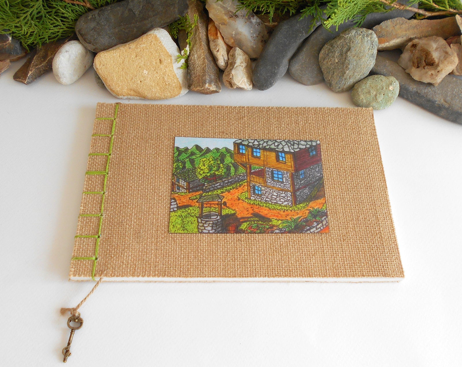 Art sketchbook with fabric soft covers- Hemp stab binding- 100% recycled pages- eco-friendly fabric journal with cottage art- personalised journal with a bookmark