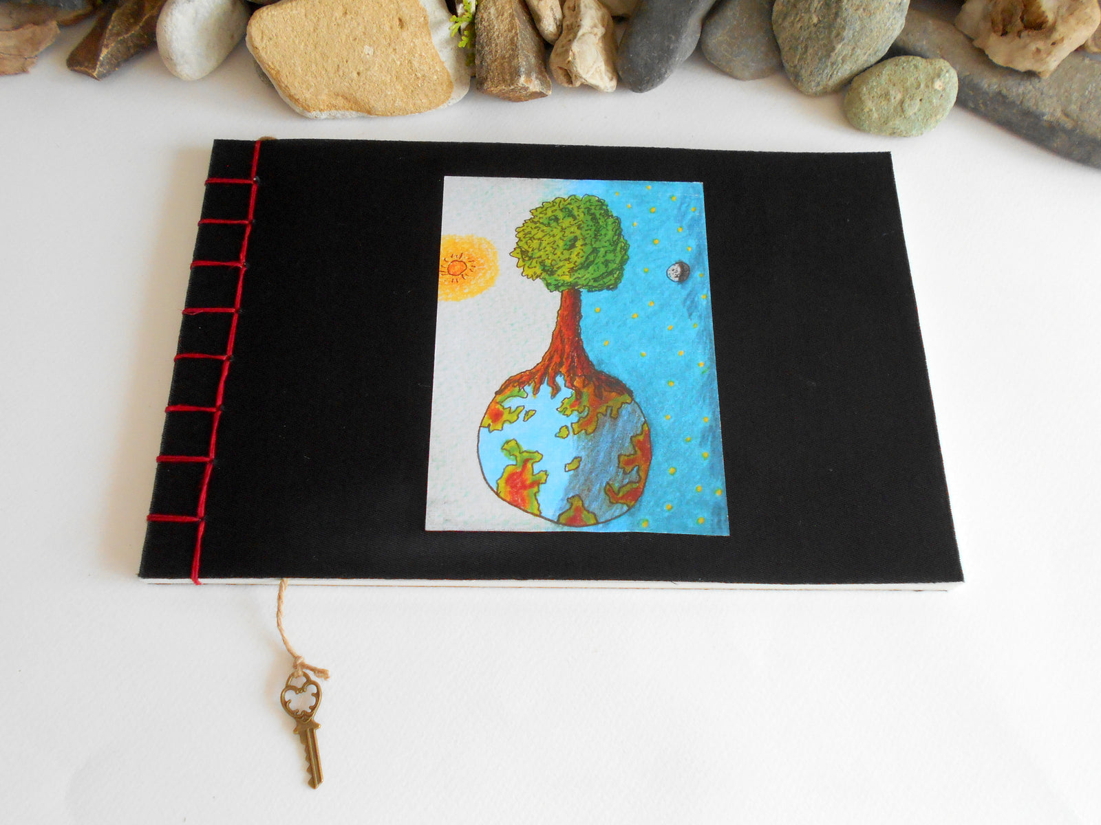 Art sketchbook with black fabric soft covers- Hemp stab binding- 100% recycled pages- eco-friendly fabric journal with cottage art- black personalised journal