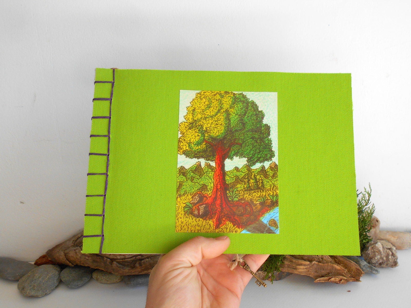Art sketchbook with green fabric soft covers- Hemp stab binding- 100% recycled pages- eco-friendly journal with inspirational art- tree art journal