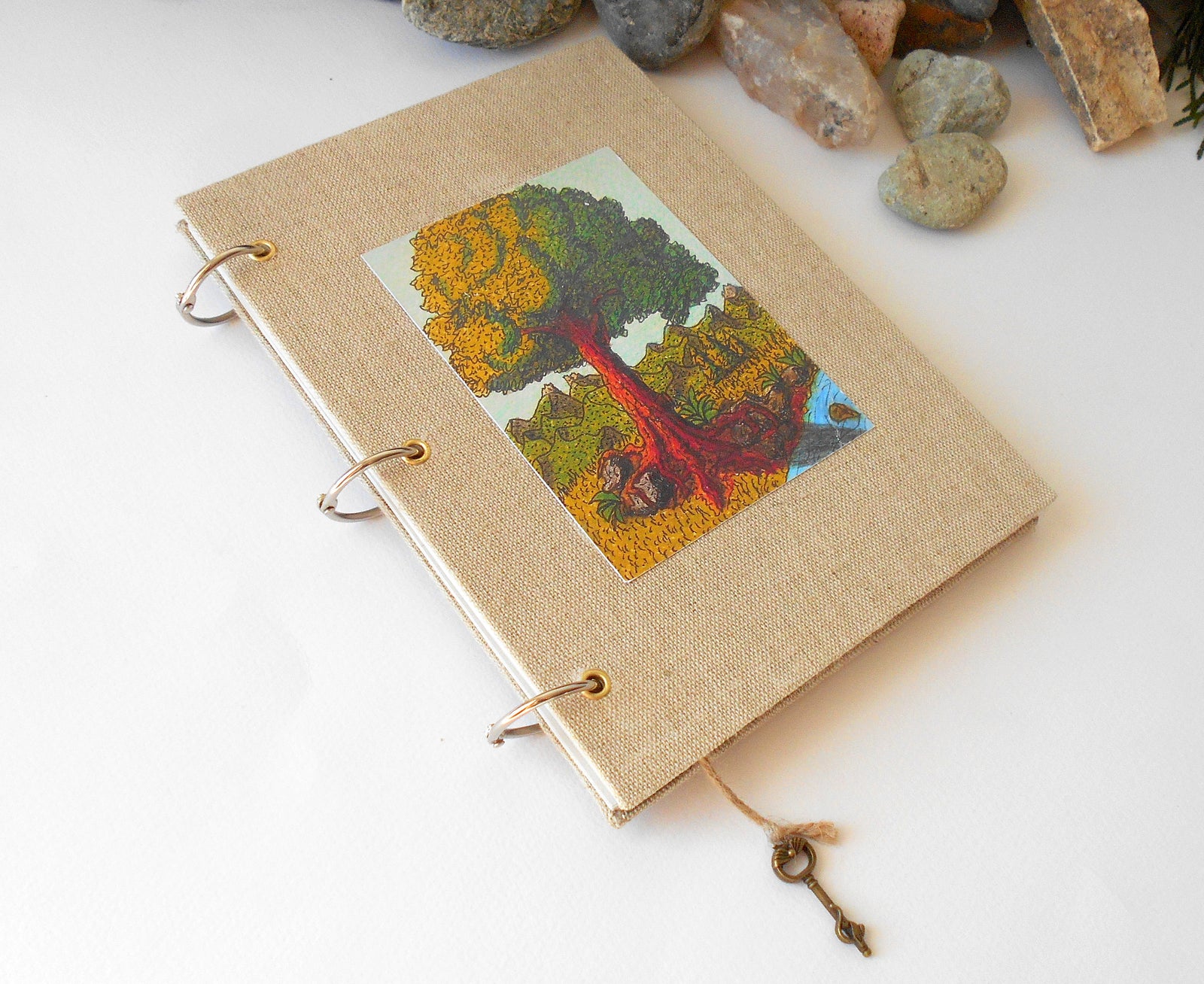Handmade fabric sketchbook journal with a space fantasy art
